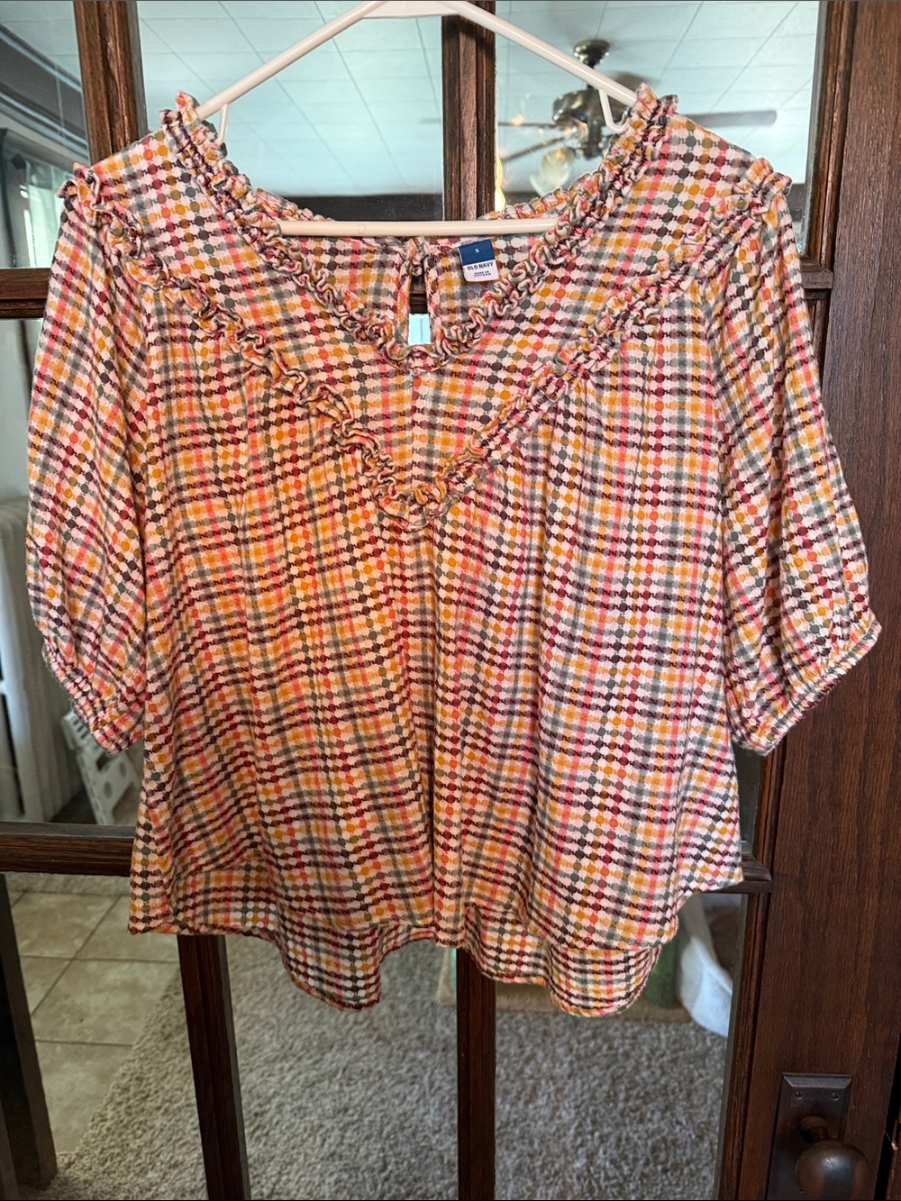 Old Navy Womens Ruffle V-Neck Blouse‎ Orange Yellow Blue Plaid Top Small